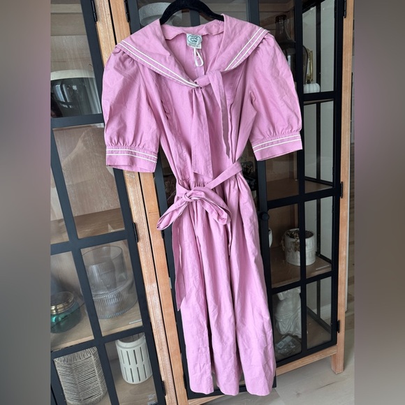 Vintage 1980s Laura Ashley Pink Sailor Dress maxi midi tie front collar peony - Picture 1 of 9